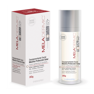 Es un suero facial despigmentante que adicionalmente cuenta con un protector solar (FPS) 50+. Meladermic Total FPS50 cuenta con un exclusivo complejo despigmentante, el cual contribuye a devolver al rostro su tono natural, gracias a su fórmula MELADERMIC TOTAL con Factor de Protección Solar 50+ (FPS) ayuda a aclarar las manchas, actua contra el fotodaño y fotoenvejecimiento prematuro.