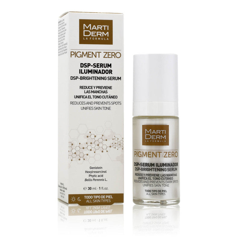 DSP-Sérum Iluminador de MartiDerm previene y trata las hiperpigmentaciones cutáneas, reduciendo las manchas gracias a sus activos despigmentantes selectivos, como el hexilresorcinol, el ácido fí­tico y la Bellis perennis L. Iguala e ilumina el tono de la piel.